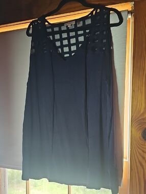 Claudia Richard Navy Blue Sleeveless Tank with Lattice Yoke